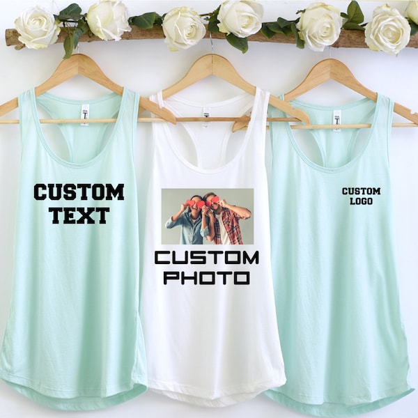 Camiseta sin mangas con texto personalizado, camiseta sin mangas personalizada, tanque de diseño personalizado, tanque de cumpleaños personalizado, camiseta sin mangas de despedida de soltera personalizada, impresión frontal trasera