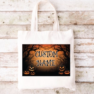 Custom Halloween Tote Bag Personalized Halloween Tote Bag Black Cat Castle Canvas Tote Bag Pumpkin Skeleton Ghost Witch image 1