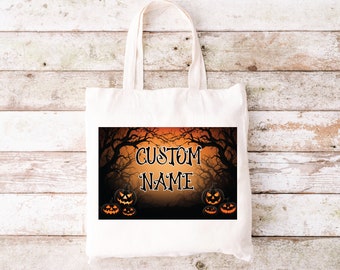 Custom Halloween Tote Bag Personalized Halloween Tote Bag  Black Cat Castle Canvas Tote Bag Pumpkin Skeleton Ghost Witch