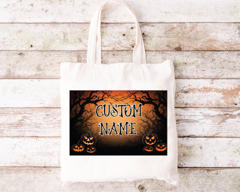 Custom Halloween Tote Bag Personalized Halloween Tote Bag Black Cat Castle Canvas Tote Bag Pumpkin Skeleton Ghost Witch image 1