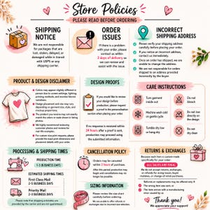 The image is a store policies document that outlines the policies and procedures for customers when ordering and receiving products. It includes information on shipping, order issues, product and design disclaimer, care instructions, processing and shipping times, and cancellation policy. The document is designed to provide clear and concise information to customers, ensuring a smooth and hassle-free shopping experience.