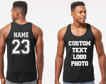 May include: A black tank top featuring white text on the front that reads CUSTOM TEXT LOGO PHOTO. The back of the tank top displays the word NAME above the number 23 in large white block lettering with a thin black outline for a sports jersey style.