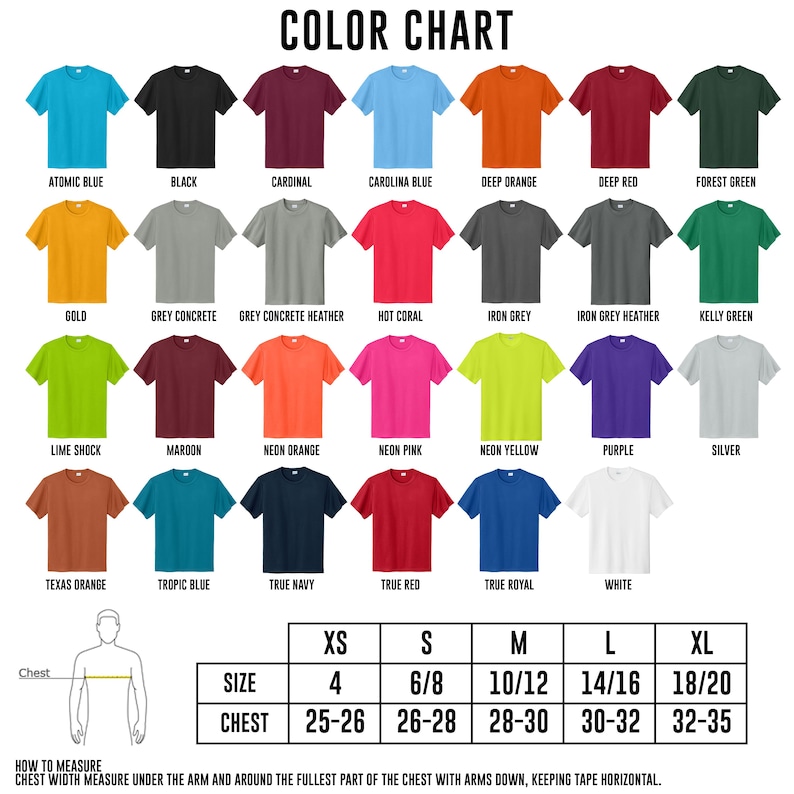 The image is a color chart displaying various t-shirt colors and their corresponding sizes.