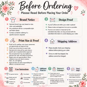 The image is a printed document with instructions for a customer to read before placing their order. It includes information about the brand notice, design proof, print size and proof, shipping address, care instructions, and additional information. The document appears to be a printed page with text and illustrations, and it is not a photograph of a person or a scene.