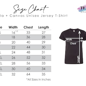 May include: Size chart for a unisex jersey t-shirt, showing measurements in inches for width, chest, and length. Sizes range from XS to 5XL.