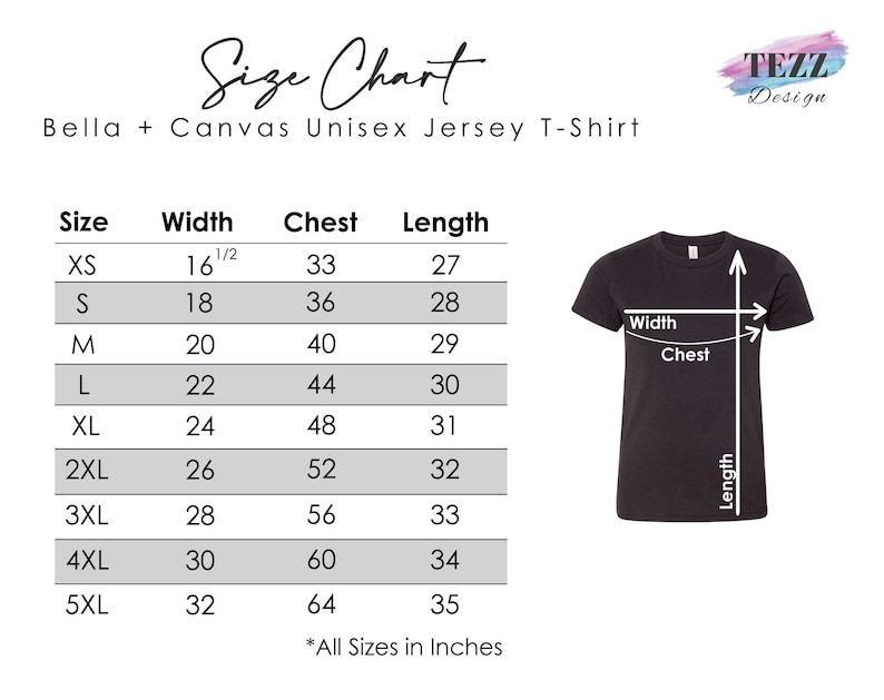 May include: Size chart for a unisex jersey t-shirt, showing measurements in inches for width, chest, and length. Sizes range from XS to 5XL.