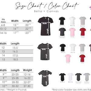 May include: Size chart and color chart for Bella + Canvas t-shirts in youth, toddler, and baby sizes. The chart shows the width and length measurements in inches for each size. The color chart shows the different colors available for each size.