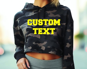 Custom Text Crop Hooded Sweatshirt, Women's Cropped Hoodie