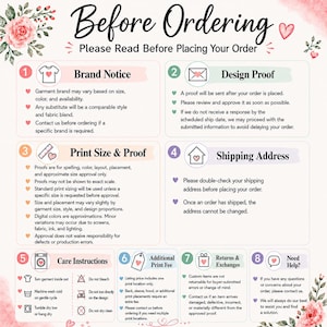 The image is a printed document with instructions for a customer to read before placing their order. It includes information about the brand notice, design proof, print size and proof, shipping address, care instructions, and additional information. The document appears to be a printed page with text and illustrations, and it is not a photograph of a person or a scene.