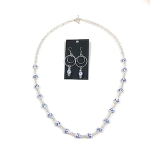 Blue Daisy Ceramic Flower Crystal Beads Necklace Earrings Set