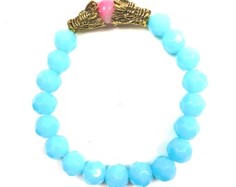 Two Dragon Heads Antique Gold Tone Opaque Aqua Glass Beads Pink Accent Bracelet