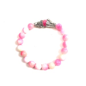 Two Dragon Heads Antique Silver Dreamy Pink Beads Bracelet