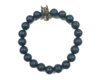 Men Women Onyx Black Agate Gemstone Antique Bronze Tone Wolf Head Bracelet