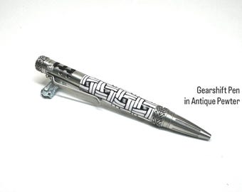 Bolígrafo de palanca de cambios de cerrojo en peltre antiguo