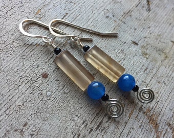 Brown Agate, Black Onyx and Blue Quartz Earrings In Sterling Silver
