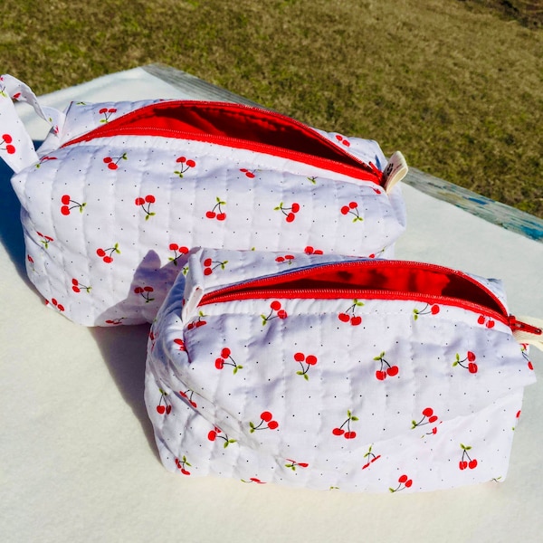 Quilted cosmetic bag, Hand made make up bag, Travel bag, cherries cosmetic bag.