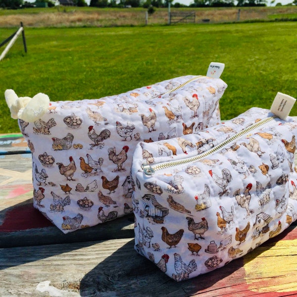 Quilted cosmetic bag, Travel bag, Chickens makeup bag.
