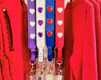 MONOGRAMMED Game day crossbody purse strap | red, white, blue, & purple rhinestone crystal heart stadium purse strap | Stadium purse strap