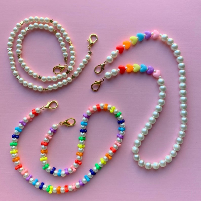 Colorful rainbow pearl beaded face mask chain, personalized face mask necklace holder, face mask lanyard, cute maskchain with letter beads image 2