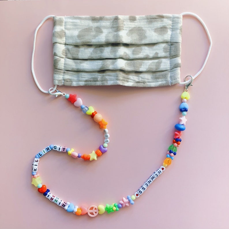 Colorful personalized beaded mask chain, rainbow face mask necklace holder, pony bead face mask lanyard, multicolor custom letter maskchain image 1