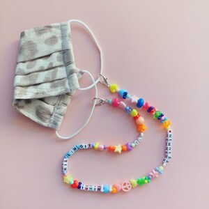 Colorful personalized beaded mask chain, rainbow face mask necklace holder, pony bead face mask lanyard, multicolor custom letter maskchain image 2