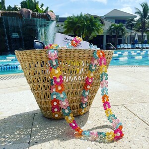 Beaded colorful custom straw beach bag tote | multicolor summer beach basket with embellished flower straps | personalized vacation bag