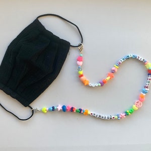 Colorful personalized beaded mask chain, rainbow face mask necklace holder, pony bead face mask lanyard, multicolor custom letter maskchain image 6