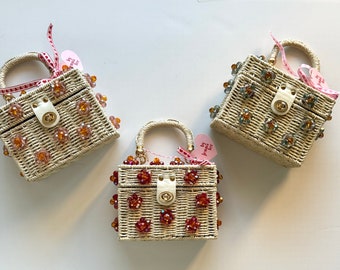 Rattan purse Bag beaded crystal flowers | Natural Woven Handbag bejeweled flower | Embellished Beach tote Basket | Straw raffia vacation Bag