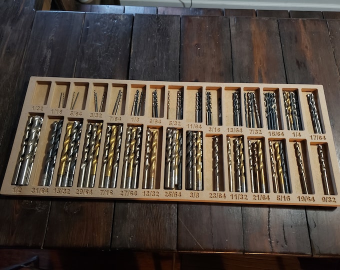 SVG Drill Bit Organizers SVG file with sizes for use with CNC and laser. This not a physical product.