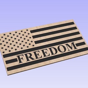 May include: A wooden sign with a black and white American flag design and the word "FREEDOM" in black lettering.