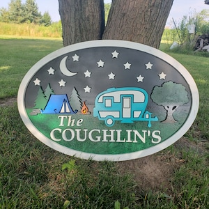 Camping Sign SVG/DFX cut file for use with CNC, Laser, Vinyl Cutters Cricket with travel trailer and fifth wheel