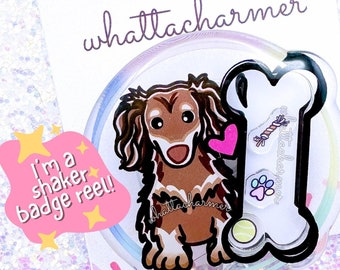 Longhaired Chocolate and Cream Dachshund Badge Reel, Doxie Badge, Brown Doxie ID Reel, Wiener Dog Badge Holder, Weenie Dog Badge Clip