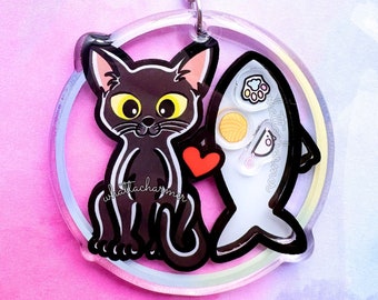 Shorthaired Black Cat Acrylic Keychain, Cat Mom Keyring, Black Kitten Charm, Black Cat Stocking Christmas Gift, Black Cat Picture Art