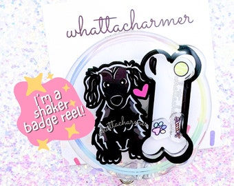 Longhaired Black Dachshund Badge Reel, Black Doxie Badge, Doxie ID Reel, Wiener Dog Badge Holder, Weenie Dog Reel, Doxie Mom Badge Clip
