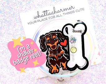 Longhaired Chocolate and Tan Dachshund Badge Reel, Doxie Badge, Brown Doxie ID Reel, Wiener Dog Badge Holder, Weenie Dog Badge Clip