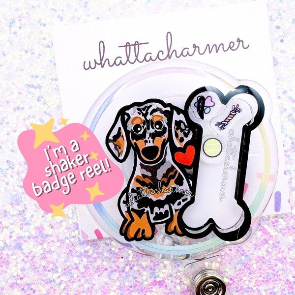 Smooth Silver Dapple Dachshund Badge Reel, Black Gray Doxie Badge, Wiener Dog Badge Clip, Weenie Dog ID Holder, Dachshund Puppy Badge ID