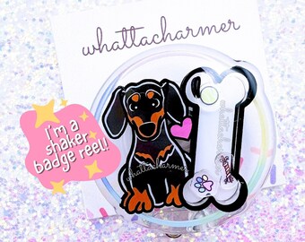 Glatte schwarz-braune Dackel-Abzeichenrolle, Doxie-Abzeichen, schwarz-brauner Doxie-Abzeichenclip, Weiner-Hunde-ID-Halter, Weenie-Hunde-Ausweishalter