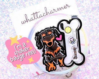Longhaired Black and Tan Dachshund Badge Reel, Black Tan Doxie Badge, Wiener Dog Badge Holder, Weenie Dog Badge Clip, Dachshund Mom Gift