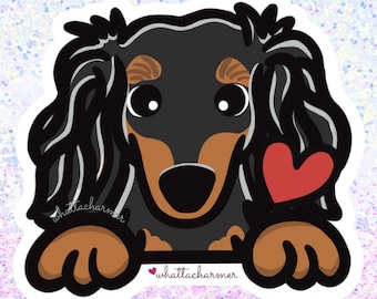 Langharige Black and Tan teckel hond sticker, Doxie hond vinyl sticker, Weenie hond sticker, Weiner hond waterdichte sticker, teckel sleutelhanger