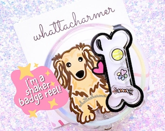 Longhaired Cream Dachshund Badge Reel, Doxie Badge, Cream Doxie ID Reel, Wiener Dog Badge Holder, Weenie Dog Badge Clip, Dachshund Mom Gift