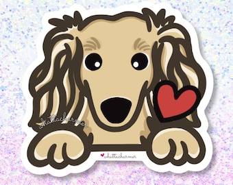 Langharige crème teckel hond sticker, crème doxie hond vinyl sticker, weenie hond sticker, weiner hond waterdichte sticker, teckel sleutelhanger