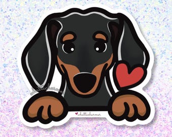 Smooth Black and Tan Dachshund Dog Sticker, Doxie Dog Vinyl Decal, Weenie Dog Sticker, Weiner Dog Waterproof Decal, Dachshund Keychain