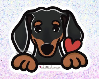 Gladde Black and Tan teckel hond sticker, Doxie hond vinyl sticker, Weenie hond sticker, Weiner hond waterdichte sticker, teckel sleutelhanger