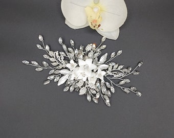 Silver Crystal Hair Comb | Clay Flower Hair Piece | Floral Hair Comb | Wedding Headpiece | Bridal Hair Piece/ Hair vine