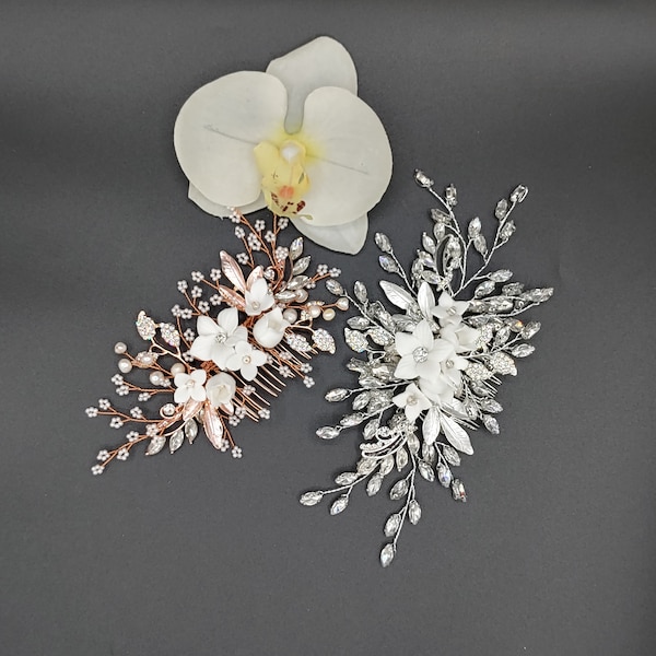 Silver/Rose Gold  Hair Comb Clay Flower  Fresh Water Pearls Hair Piece | Floral Hair Comb | Wedding Headpiece | Bridal Hair Piece/ Hair vine