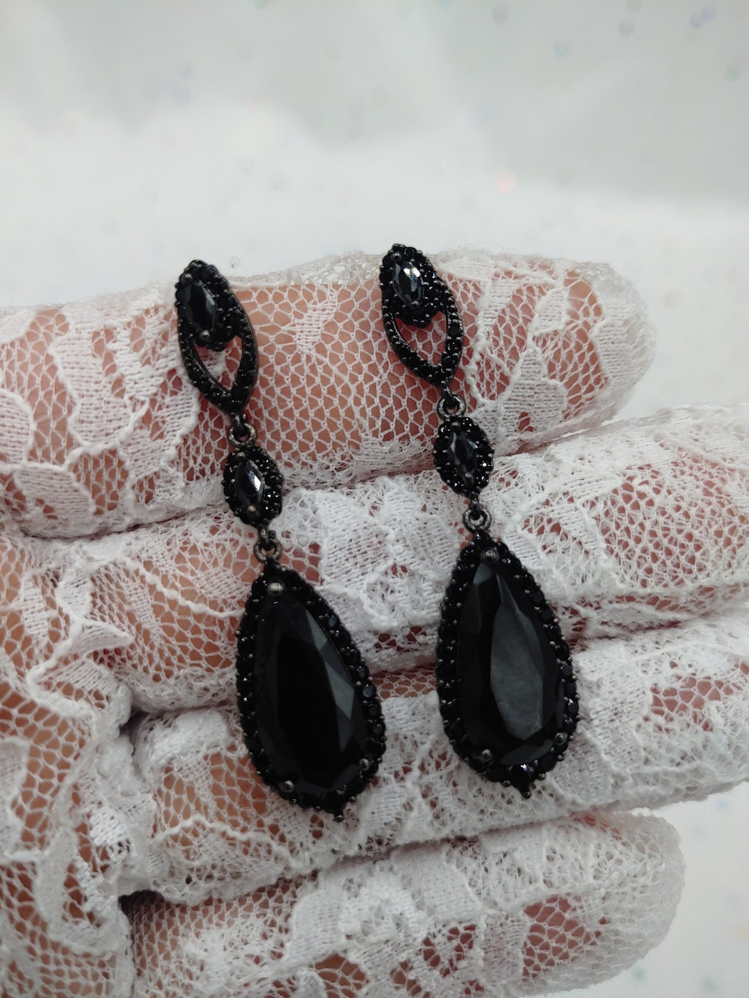 Teardrop Silver Bridal Earrings, Black Cubic Zirconia Crystal Earrings ...