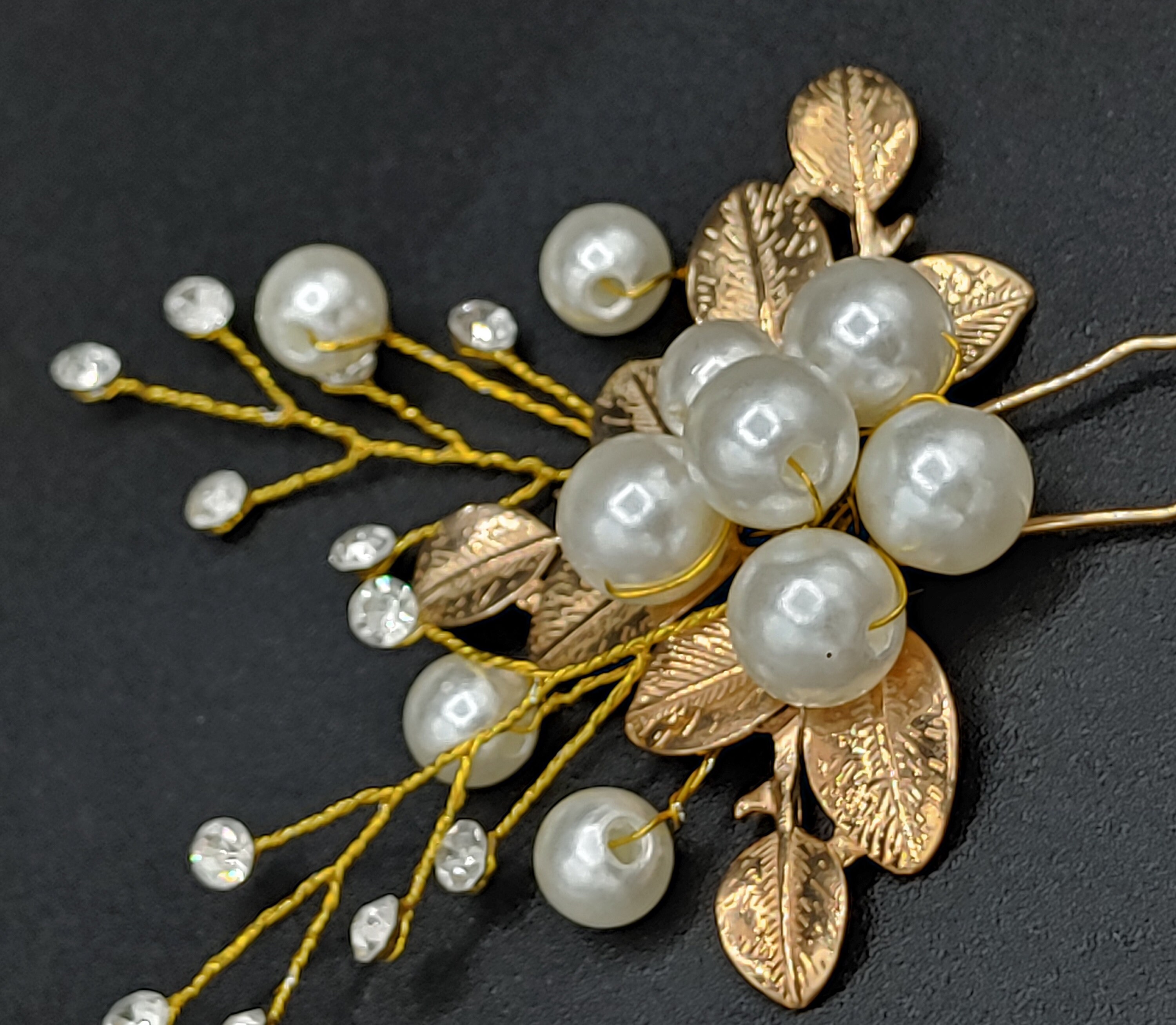 Gold Leaf Bridal Hair Pins Wedding Headpiece Jewelry Pearl Rhinestone Accessorie October Gold Leaves and Pearl Wedding Hair Pin main image 4