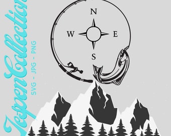 Fishing Compass and Mountains SVG PNG JPG