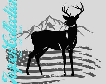 Whitetail buck With Mountains and Tattered Flag SVG JPG PNG