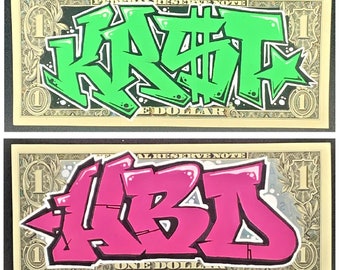 Graffiti Letters on money, cash, dollar bill. Personalized custom graffiti name, word, letters. Hand painted. Street Art